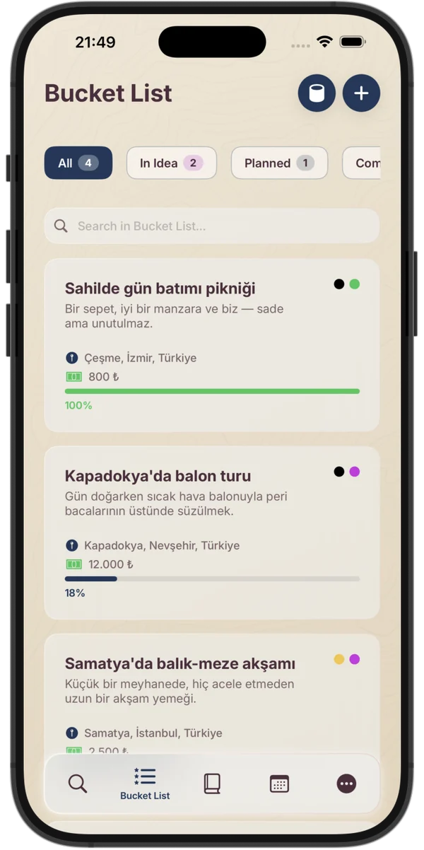 Duosy Bucket List screen