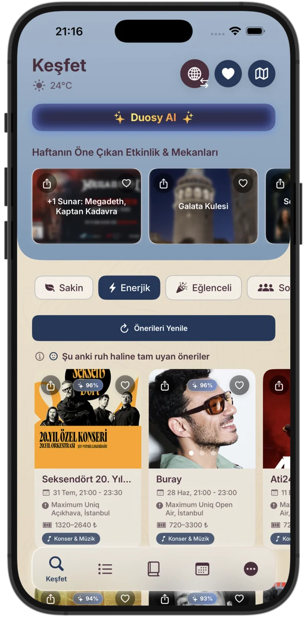 Duosy Keşfet — Senin İçin ekranı
